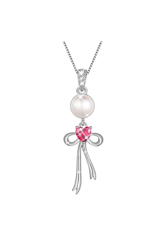 S925 Sterling Silver Birthstone Necklace for Women,Pearl Bow Pendant Necklace with CZ Birthstone,Jewelry Gift for Her Wife Mom Girlfriend,Birthday Mother’s Day Christmas Gift