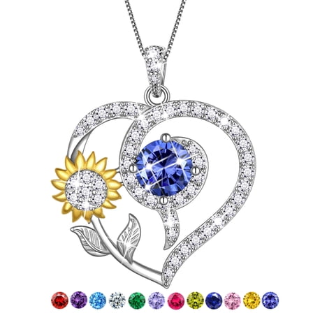 Fasjewly Sunflower Heart Neckalce,925 Sterling Sliver Birthstone Pendant Flower Necklace Birthday Anniversary Christmas Jewelry Gifts for Women-December
