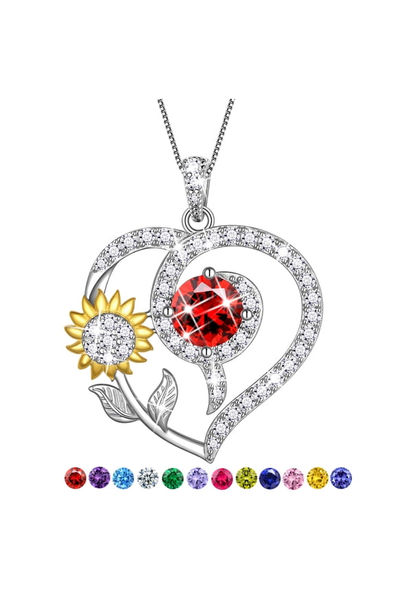 Sunflower Heart Neckalce,925 Sterling Sliver Birthstone Pendant Flower Necklace Birthday Anniversary Christmas Jewelry Gifts for Women-January