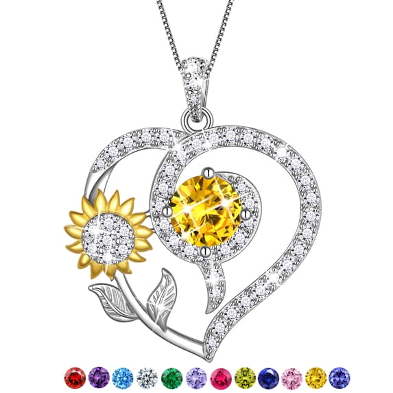 Fasjewly Sunflower Heart Neckalce,925 Sterling Sliver Birthstone Pendant Flower Necklace Birthday Anniversary Christmas Jewelry Gifts for Women-November