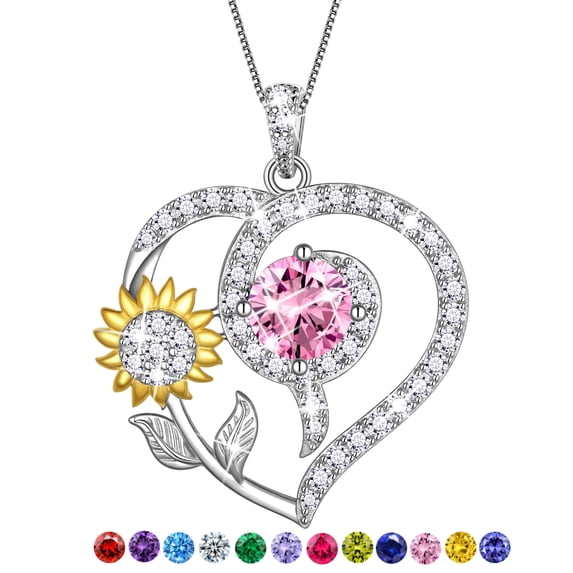 Fasjewly Sunflower Heart Neckalce,925 Sterling Sliver Birthstone Pendant Flower Necklace Birthday Anniversary Christmas Jewelry Gifts for Women-October