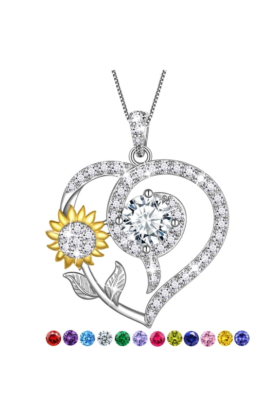 Sunflower Heart Neckalce,925 Sterling Sliver Birthstone Pendant Flower Necklace Birthday Anniversary Christmas Jewelry Gifts for Women-April