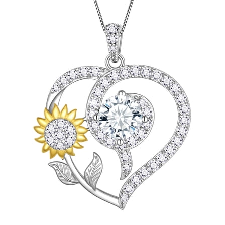 Fasjewly Sunflower Heart Neckalce,925 Sterling SIlver Birthstone Pendant Flower Necklace Birthday Anniversary Christmas Jewelry Gifts for Women-April