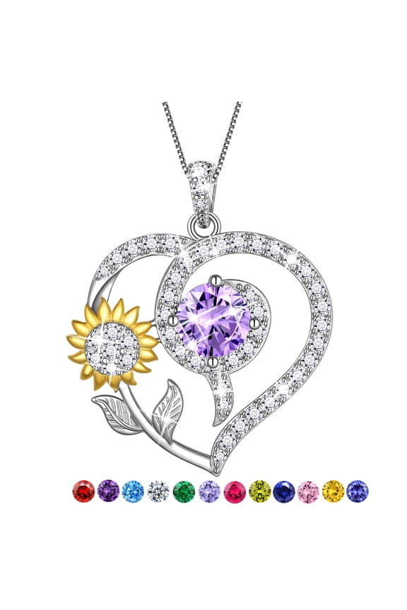 Sunflower Heart Neckalce,925 Sterling Sliver Birthstone Pendant Flower Necklace Birthday Anniversary Christmas Jewelry Gifts for Women-June