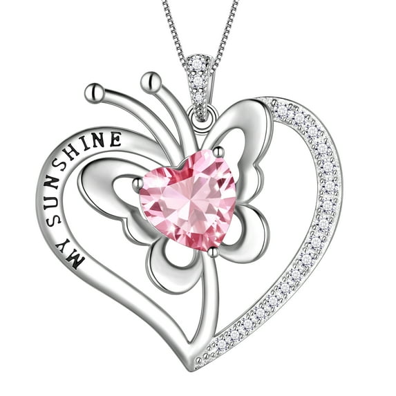 Fasjewly My Sunshine Butterfly Necklace, S925 Sterling Silver Heart Opal Birthstone October Birthday Anniversary Christmas Jewelry Gifts for Women / Wife / Lovers