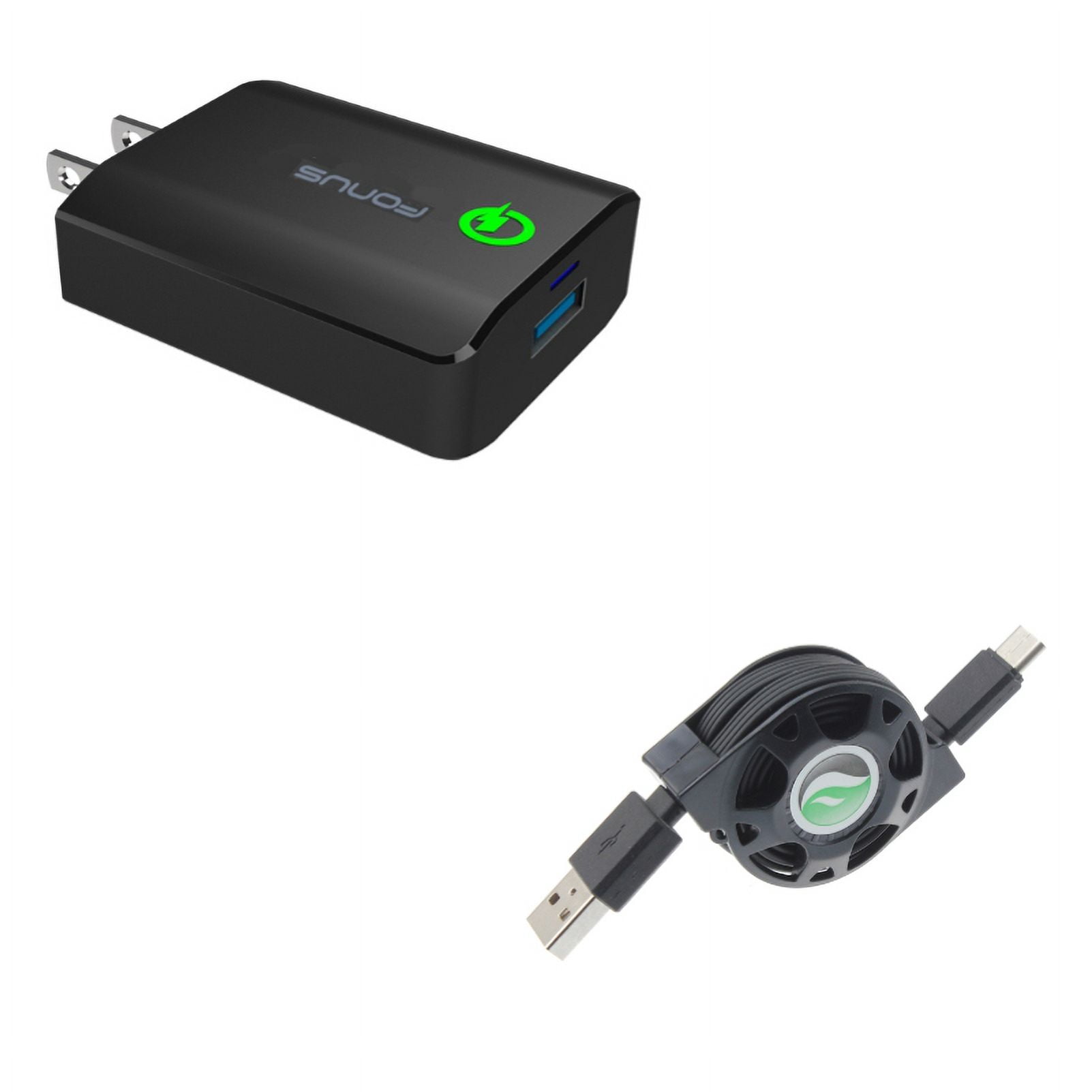 Fast 18W Home Charger w Retractable USB Cable D6P for LG Q7 Plus, G Pad X II 10.1, V50 ThinQ 5G, Stylo 4 Plus, Google Nexus 5X, G8 ThinQ, G7 ThinQ, 5 - Microsoft Surface Go (10"), Lumia 950