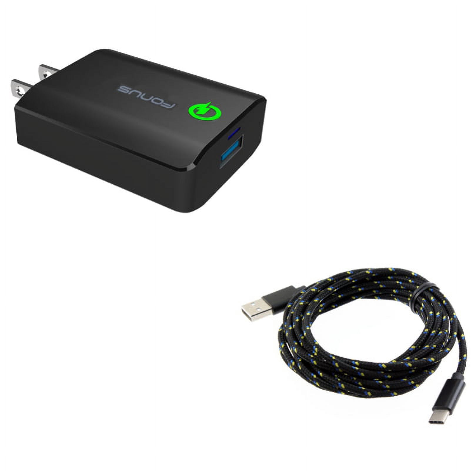 Fast 18W Home Charger w Type-C 10ft USB Cable W1Y for Motorola One, Moto Z4 Z3 Play Z2 Play Z Play Droid Force Droid X4 G7 Power Play G6 - Nokia 3.1, 7.1, 8, Plus - OnePlus 5T, 6, 6T, 7 Pro