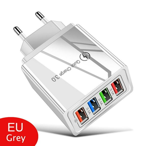 Fast 3A Charger Phone Adapter Travel Portable EU/US Plug USB Charger 4-Port Quick Charge EU PLUG GREY