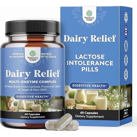 Natures Craft Dairy Relief Lactose Intolerance Pills for Digestive Support & Bloating Relief, 60 Ct