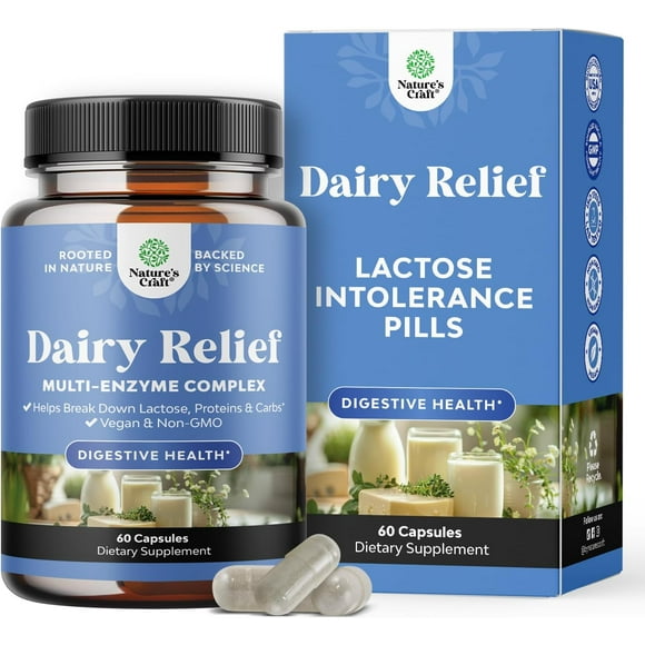 Natures Craft Dairy Relief Lactose Intolerance Pills for Digestive Support & Bloating Relief, 60 Ct