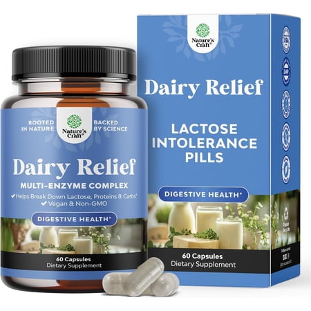 Natures Craft Dairy Relief Lactose Intolerance Pills for Digestive Support & Bloating Relief, 60 Ct