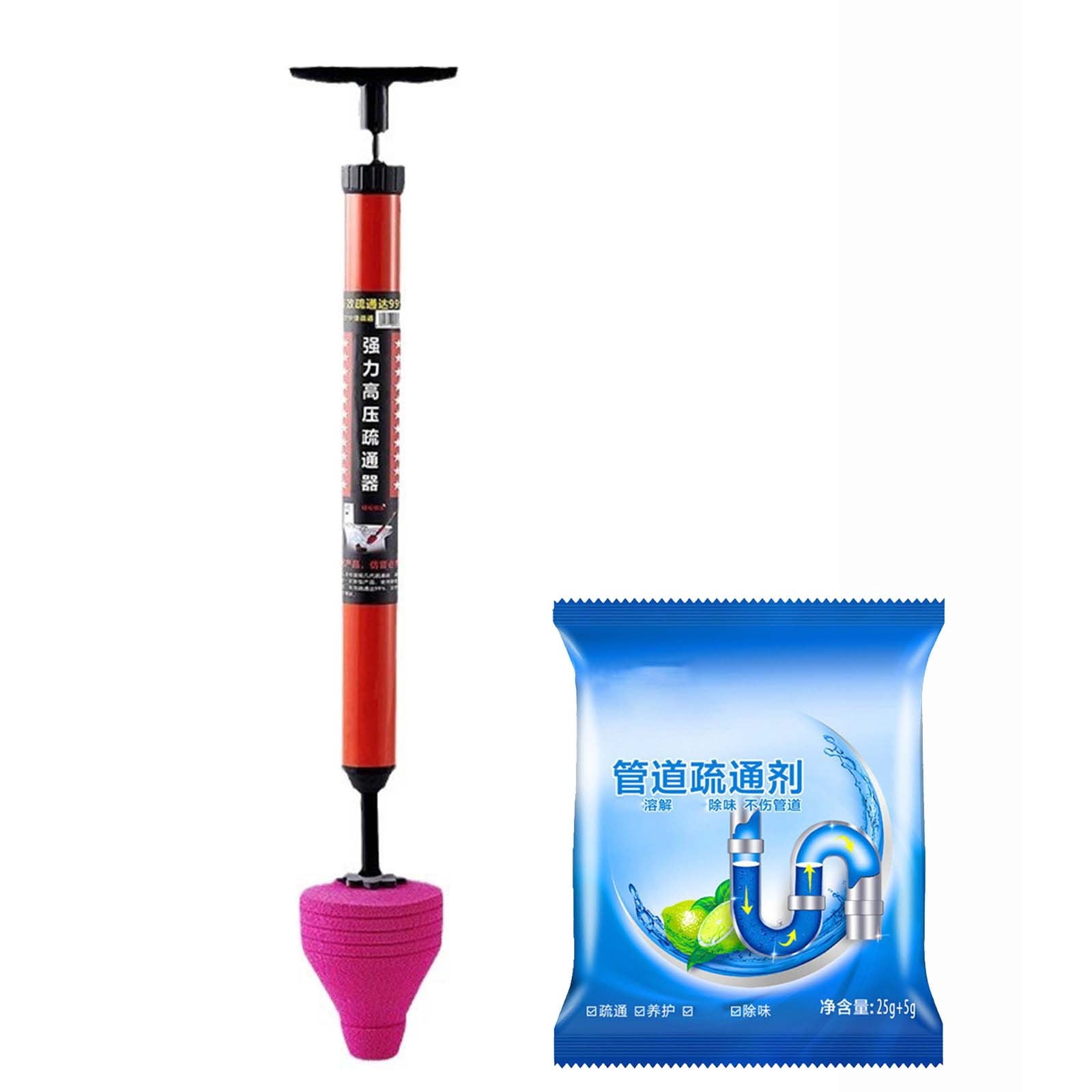 Fast-Acting High Pressure Drain Plunger & Powder Cleaner Kit | Dual ...