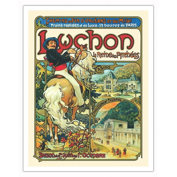 Fast And Luxurious Trains To Luchon France - Vintage Railroad Travel Poster by Alphonse Mucha c.1895 - Fine Art Matte Paper Print (Unframed) 11x14in
