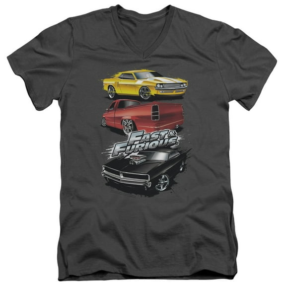 Fast And The Furious Muscle Car Splatter S/S Adult V-Neck 30/1 T-Shirt Charcoal