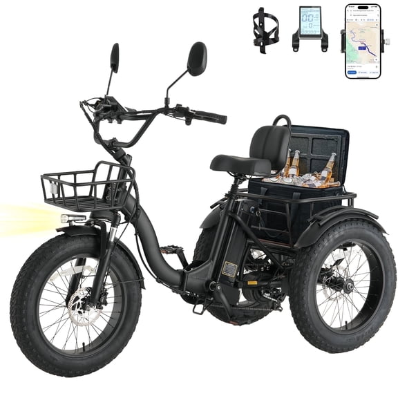Skeri Electric Tricycle for Adults, 750W(Peak 1350W) Motor, 48V13Ah Battery, 20"x4" Folding Fat Tire 3-Wheel Electric Trike, 20MPH, Hydraulic Brakes, Rear Basket & Differential, UL2849