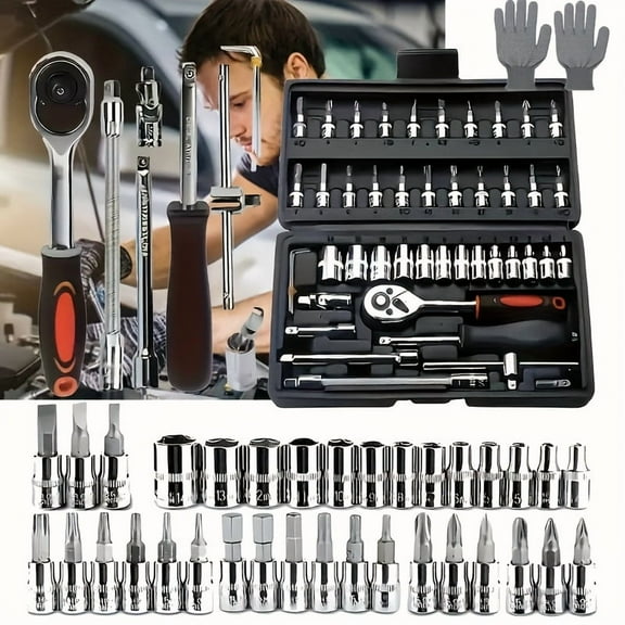 [Fast Arrival] 53/46pcs Professional Automotive Master Tool Kit - Premium Sets for Car, Bike, Motorcycle Maintenance. Compact, Portable, All-In-One with Ratchet Wrench, Screwdrivers (No Battery)
