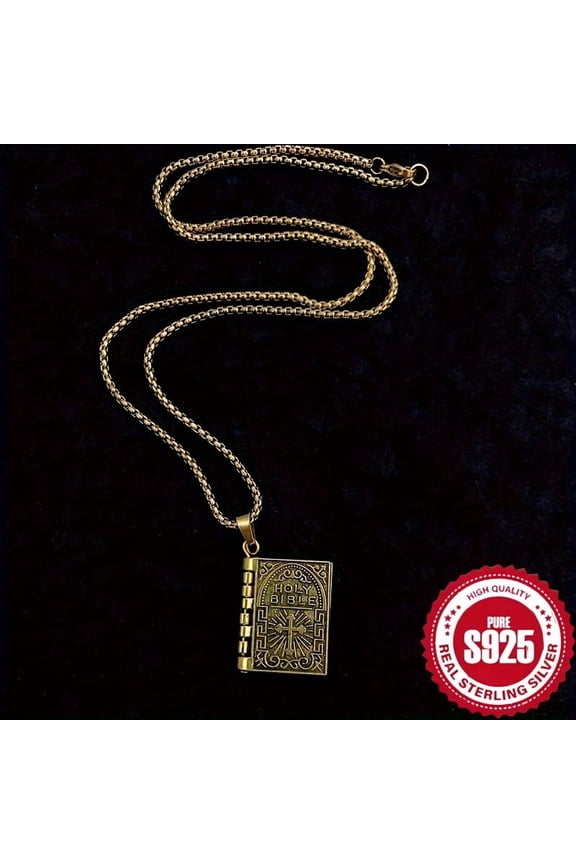 [Fast Arrival] Vintage Openable Bible Pendant Necklace - 925 Sterling Silver College Prayer Necklace with Intricate Details - Unique Christmas Gift Idea for Loved Ones,Golden