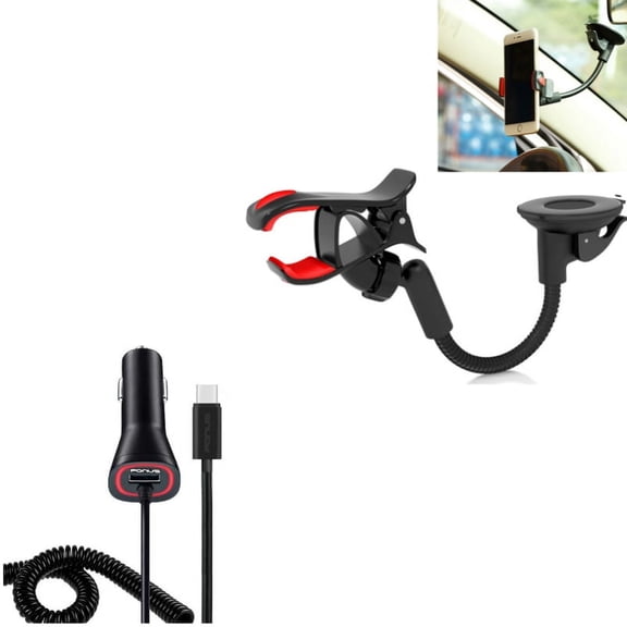 Fast Car Charger with Phone Mount - USB-C DC Socket Adapter and Dash Windshield Clip Holder for Orbic Myra 5G UW - Razer Phone,2 - RED Hydrogen One - Samsung Galaxy XCover Pro,S9 Plus - K3P