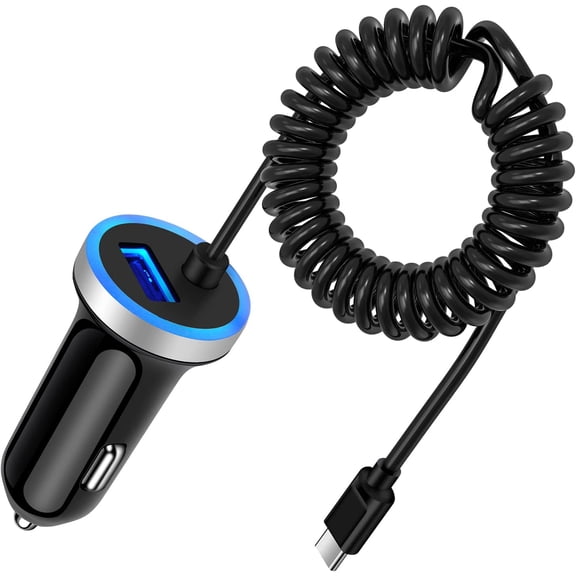 Fast Car Charger Type C Car Plug Android Phone USB C Car Charger Cigarette Lighter Adapter Fast Charging C Coiled Cable for Samsung Galaxy S26/A13 5G/S22 Ultra/S21/S20/S10/A03s/A11/A12/A21