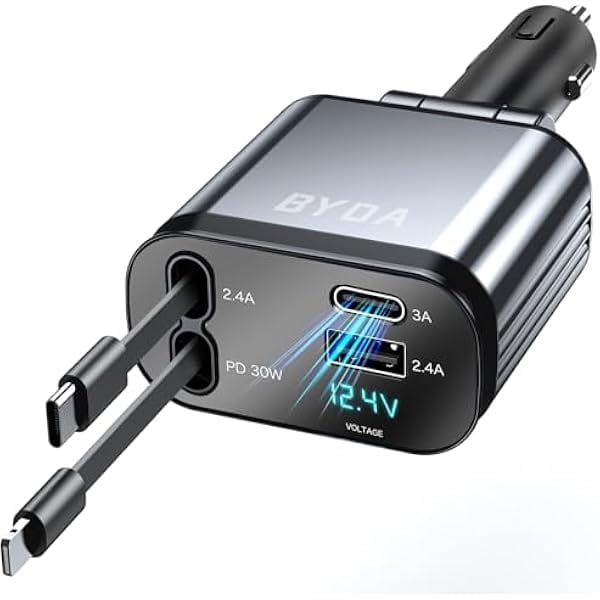 Fast Charger 4 in 1 Retractable Car Charger 69W,USB-C Fast Car Accessories,Compatible with All iPhones All Android Phones (Grey, Lightning+USB-C & No Strarry)