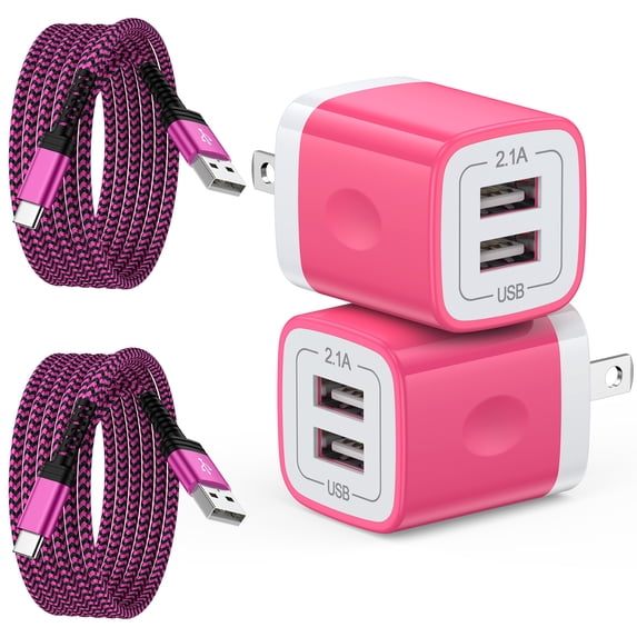 Fast Charger Block, 2 Pack USB Wall Charger with 10FT Type C Charging Cable USB C Cable Phone Cables, Dual Port Phone Charger Android Charger USB Brick USB Plug Charger Box USB Charging Block, Pink