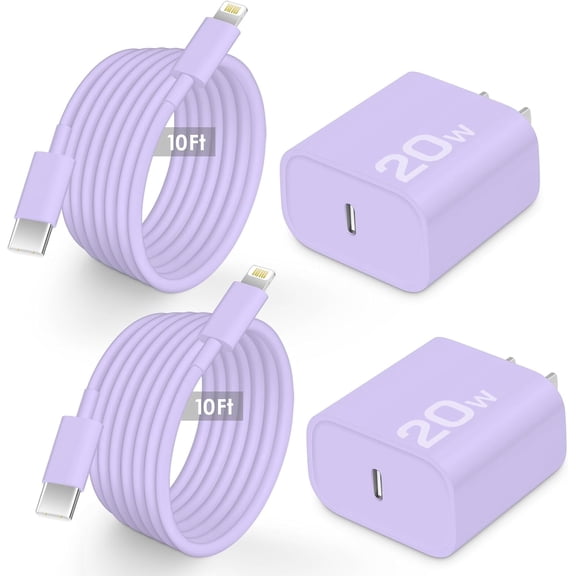 Fast Charger Block for iPhone 14 13 12 with 10 Foot Charging Cable MFi-Certified 20W PD USB C i-Phone ft Compatible iP14 Plus/14/13/12/11 Pro Max/XSMax (2-Pack Purple)