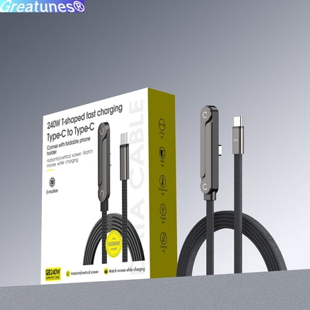 Fast Charging Cable, L-Shaped PD Cable with 360° Rotation, Type-C to Type-C 240W/ Type-C to Lighting 27W/ USB-A to Type-C 65W, 2-in-1 Rotating Stand Nylon Braided for Phone, Tablet, Laptop