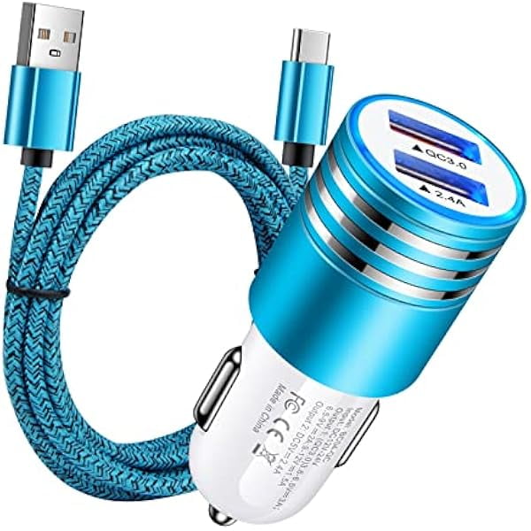 Fast Charging Car Charger, Quick Charge 3.0+2.4A Dual Port USB Cigarette  Lighter Adapter+6ft USB Type C Cable for Samsung Galaxy S25 S24 S23 A16 A25  