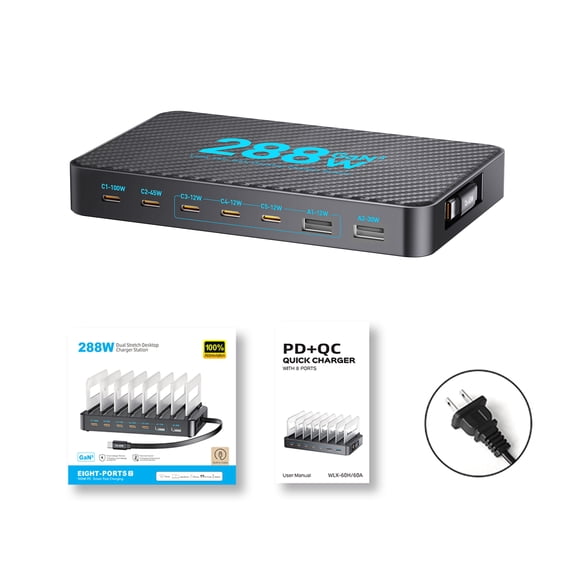 Fast Charging Dock 288W 8 Ports Desktop Charger, Desktop Charging Hub with Retractable Cable Fast Charging Multi Port Charging Station for Laptop Tablet Phone