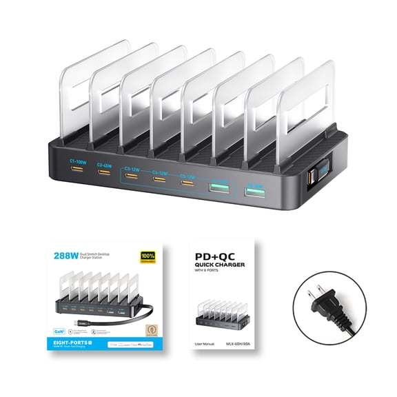 Fast Charging Dock 288W 8 Ports Desktop Charger, GaN Technology Fast Charging Station with Detachable Baffle Retractable Cables Charging Hub for Laptop Phone Multi Device