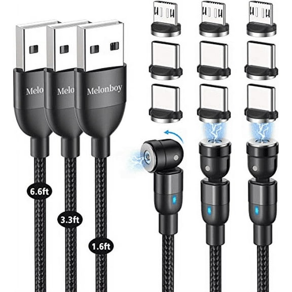 Fast Charging Magnetic Charging Cable[3-Pack, 3.3ft+6.6ft+10ft], Gen9 Melonboy Magnetic Cable 9V/2A Fast Charging and Data Transfer Magnetic Phone Charger Compatible with Micro USB, Type C