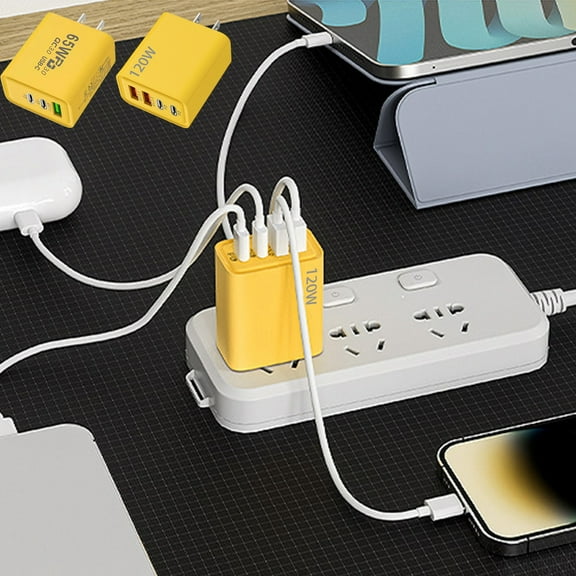 Fast Charging Plug | US Standard Multiport USB Charger | Dual Type-C Ports | Intelligent Chip | Overvoltage & Short-Circuit Protection | Yellow | 5.5x4.5x3.0cm | 1 Pack