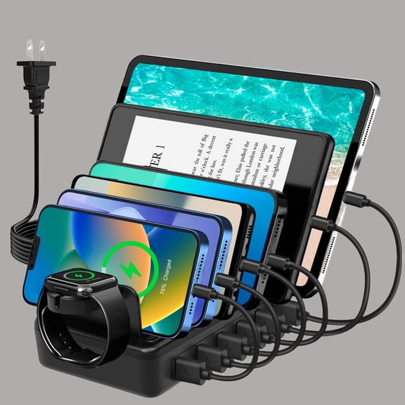 Fast Charging Station For Multiple Devices, 50W 6-Ports USB Charging Station With10-Slot, Detachable Dividers, Watch Holder, Compatible With Phone/for iPad/Kindle/Tablet (6 Short Cables Included)