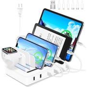 Fast Charging Station for Multiple Devices, 50W 6-Ports USB Charging Station with10-Slot, Detachable Dividers, Watch Holder6 Short Cables Included