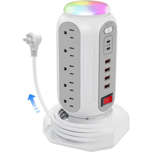 Fast Charging Station Power Tower - 15 AC Outlets & Dual USB-C 30W (Single Port 30W/2 Ports 15W Each), 4 USB-A, Retractable Cord Surge Protector with Top Night Light for Home Office Dorm Room