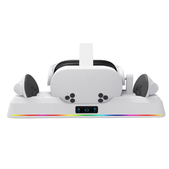 Fast Charging Station VR Headset & Controllers Charging Stand RGB Charging Stand with 2 Rechargeable Batteries for Meta Quest 3S-White