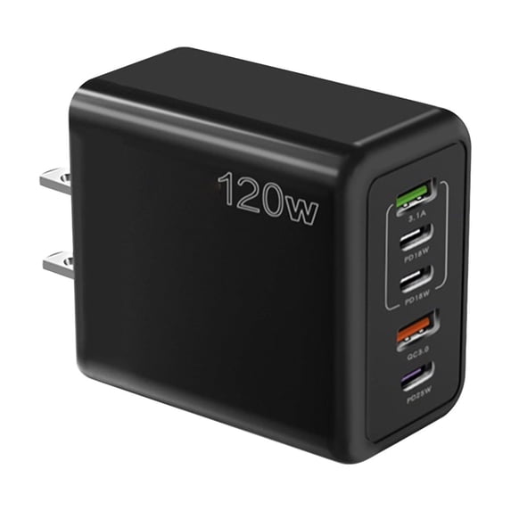 Fast Charging USB C Nano GaN Wall Charger, 120W 5-Port for Laptops Tablets Phones, Black
