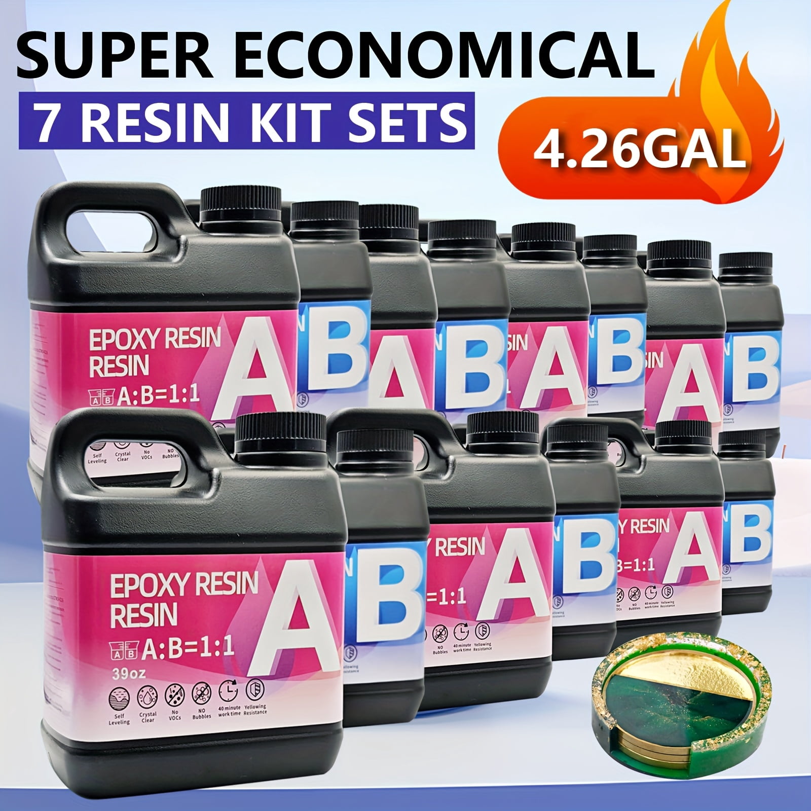 Fast Curing 546oz Epoxy Resin – Crystal Clear Epoxy Resin Kit, 7 Sets. Self-leveling, high-gloss, non-yellowing and bubble-free casting resin with 1:1 volume ratio. Ideal for craft making, tabletop p