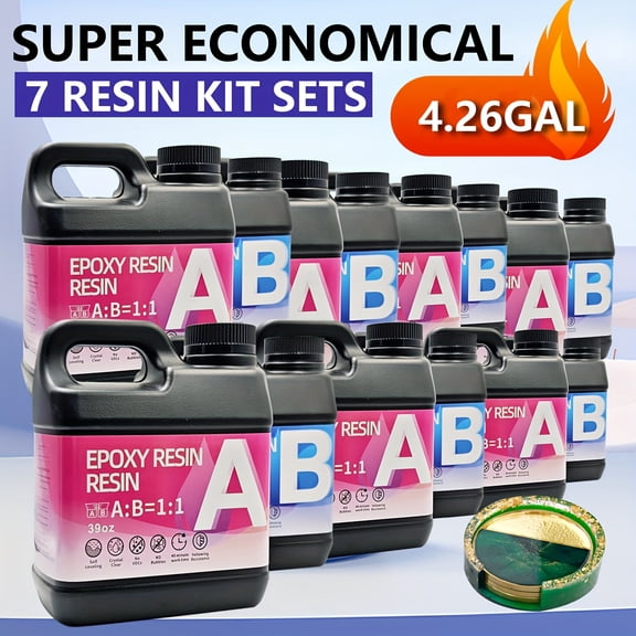 Fast Curing 546oz Epoxy Resin  Crystal Clear Epoxy Resin Kit, 7 Sets. Self-leveling, high-gloss, non-yellowing and bubble-free casting resin with 1:1 volume ratio. Ideal for craft making, tabletop p