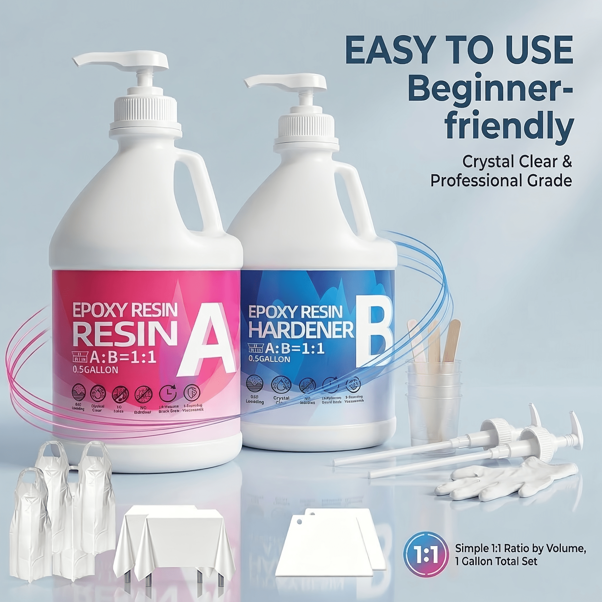 Fast-Curing Epoxy Resin Kit - 0.5 Gal Resin & 0.5 Gal Hardener With Tools, No Bubbles, Non-Yellowing, Self-Leveling, Low Odor, 2-Part Epoxy For Coating, Casting, DIY Resin Crafts, Table Tops & Art Pr