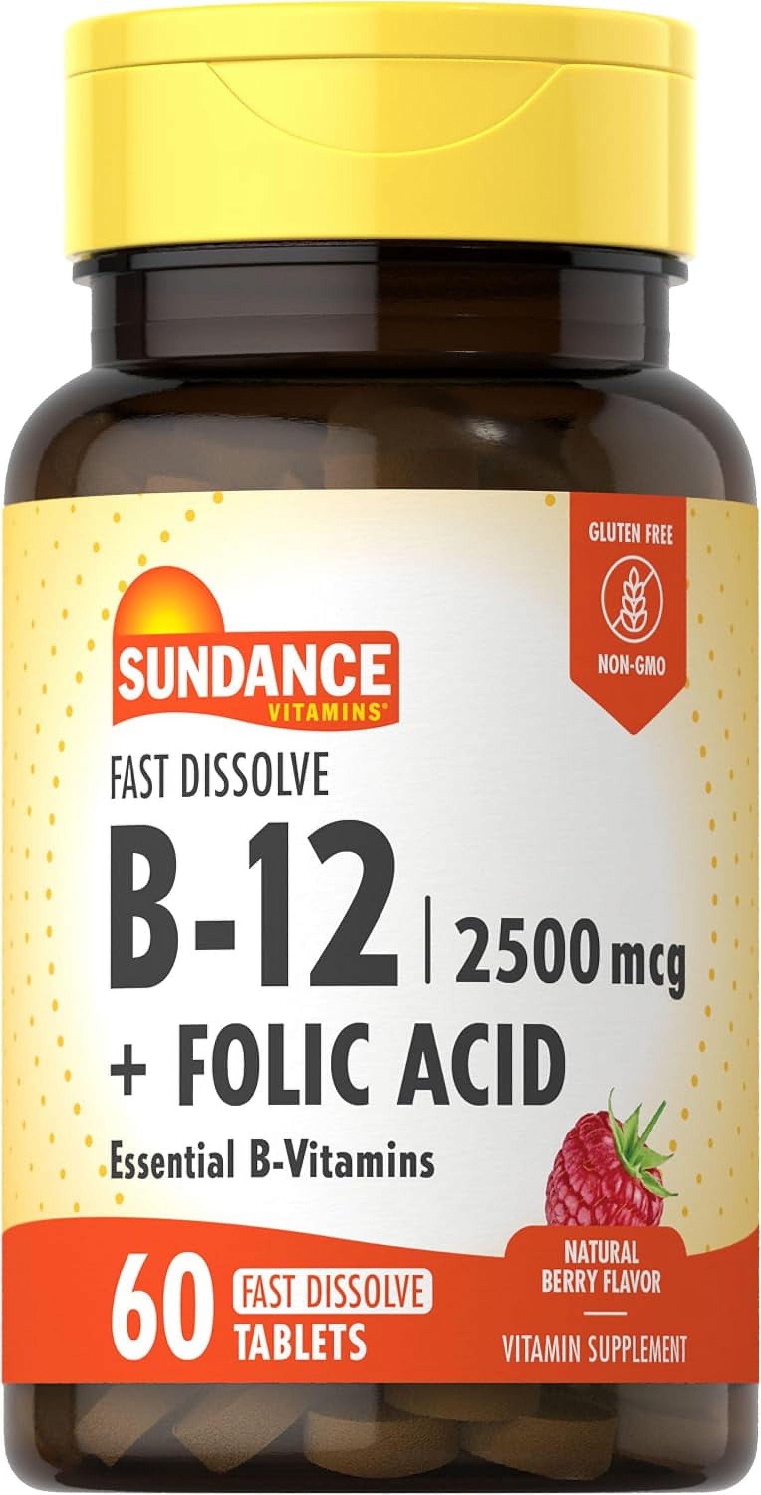 Fast Dissolve Vitamin B-12 | With Folic Acid | 2500mcg | 60 Count | Berry Flavor | by Sundance