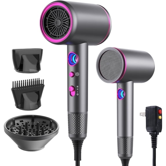 Fast-Drying Ionic Hair Dryer,2200 Watt High-Speed Ionic Blow Dryer with Diffuser/Concentrator/Comb Nozzle,LED Temp Display,Intelligent Temp Control,Low Noise for Home Salon Travel (Slvery)