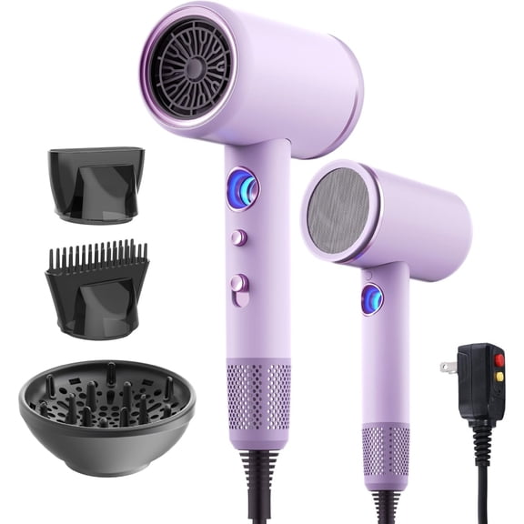 Fast-Drying Ionic Hair Dryer,2200 Watt High-Speed Ionic Blow Dryer with Diffuser/Concentrator/Comb Nozzle,LED Temp Display,Intelligent Temp Control,Low Noise for Home Salon Travel (Purple)