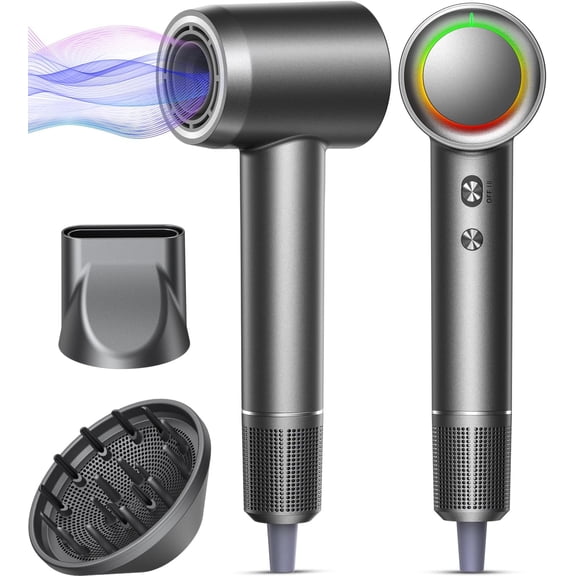 Fast Drying Ionic Hair Dryer with RGB Color-Changing Light Ring, Lightweight Brushless Motor Blow Dryer with Diffuser and Concentrator Attachments for All Hair Types
