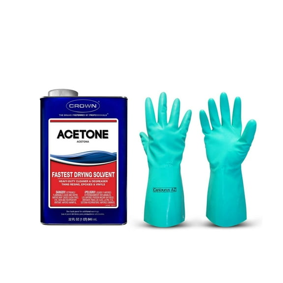 Fast-Drying Solvent Crown Acetone - 32 Fl. Oz - With Centaurus AZ Gloves - Paint Thinner - Cleaner and Degreaser for Epoxy, Vinyl, Fiberglass, Adhesives & Paint Preparation