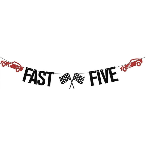 Fast Five Banner,Race Car Theme Party Decorations,Happy 5th/Five Years Old Birthday Decor for Boys,Race Fans Let's Go Racing Supplies Black Red Glitter
