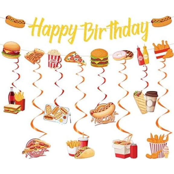 Fast Food Birthday Party Decorations, 10Pcs Glitter Happy Birthday Banner and Hanging Swirls Decoration Pizza Hamburger Hot Dog Decor French Fries Popcorn Donuts Themed Party Supplies