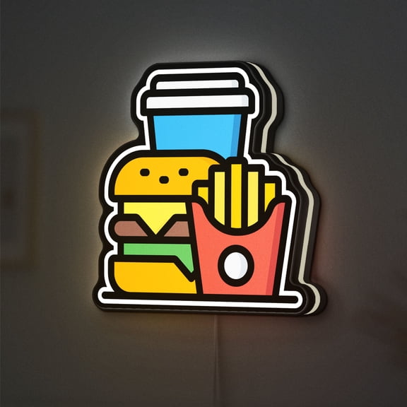 Fast Food Burger 3D Novelty Light Box, Burger & Fries Theme Lamp for Snack Lovers and Restaurant Decor (Width 8 inch, 20cm)