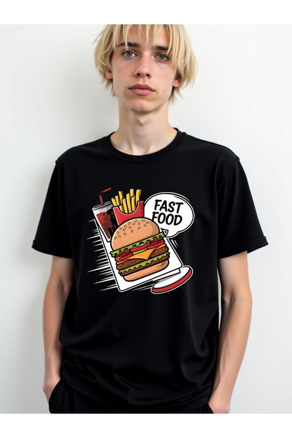 Fast Food Burger T-Shirt Men's Crew neck T-shirts black elegant gifts Comfortable loose T-shirt Unique Design Unisex Shirt Cotton tshirts