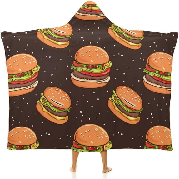 Fast Food Burgers Wearable Hooded Blanket Fleece Throw Blanket Cloak Wrap for Adults Winter